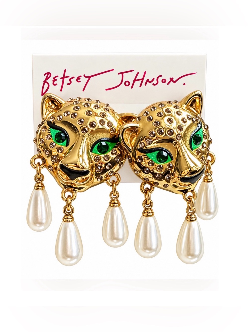 Betsey Johnson Leopard Head and Faux Pearl Earrings